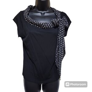 Kate Hill Petite Black Short Sleeve Top with 100% Silk Dot Scarf Collar Size PM